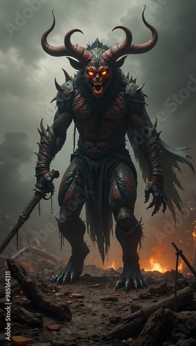 Malevolent demon atop ancient battlefield ruins at twilight exuding power and victory