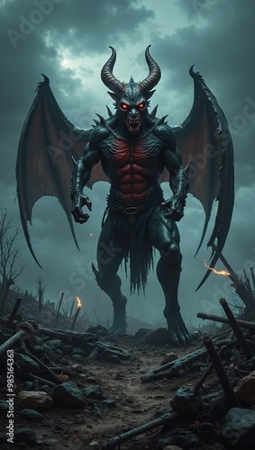 Malevolent demon atop ancient battlefield ruins at twilight exuding power and victory