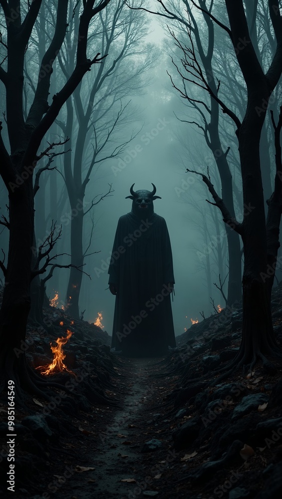 Sinister demon emerging from a burned forest with twisted trees Sinister mist adds eerie feel Sinister demon emerging from a burned forest with twisted trees Sinister mist adds eerie feel