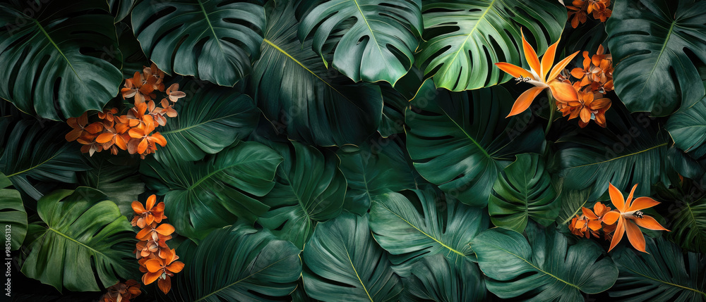 A lush green background with a few orange flowers in the foreground. The flowers are scattered throughout the image, with some closer to the center and others towards the edges