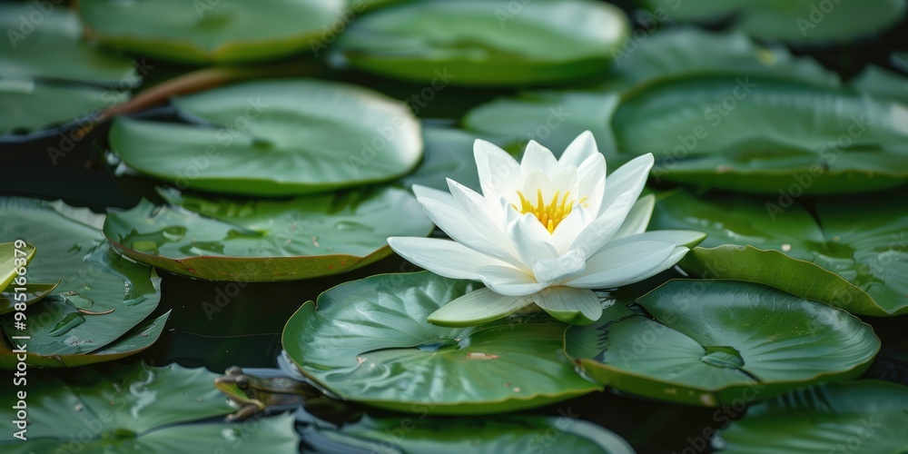 A tranquil moment by the pond showcasing an elegant white water lily flourishing among lively green lily pads, accompanied by a small frog nearby. A tranquil moment by the pond showcasing an elegant white water lily flourishing among lively green lily pads, accompanied by a small frog nearby.