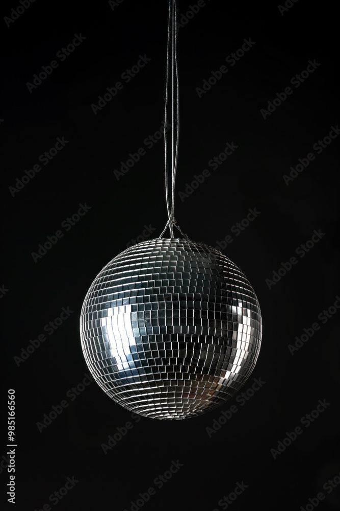 Obraz premium Close-up of shiny silver disco ball suspended in mid-air against dark black background. Disco ball reflects light, creating bright, flashy effect. Popular decoration for nightclubs and parties.