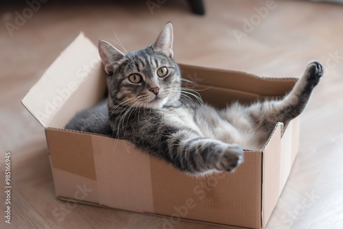 Grey tabby cat lies in a cardboard box on a carpet floor at home. The furry feline is alone and relaxed, surrounded by the simple domestic environment.