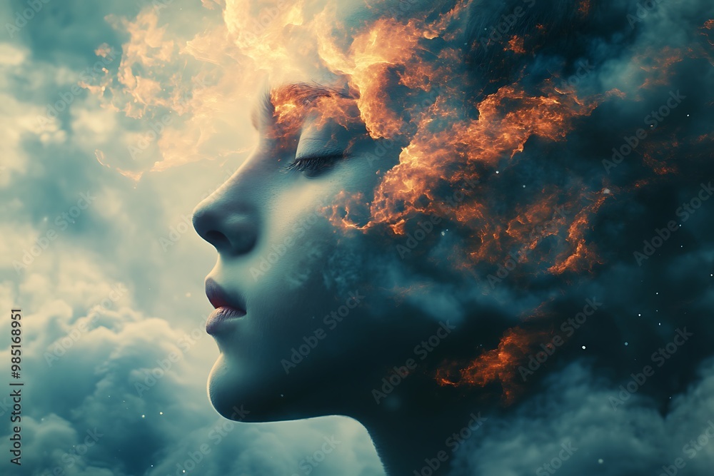 Abstract Dreamy Portrait of Woman with Clouds and Fire for Imagination, Fantasy, and Spirituality Abstract Dreamy Portrait of Woman with Clouds and Fire for Imagination, Fantasy, and Spirituality
