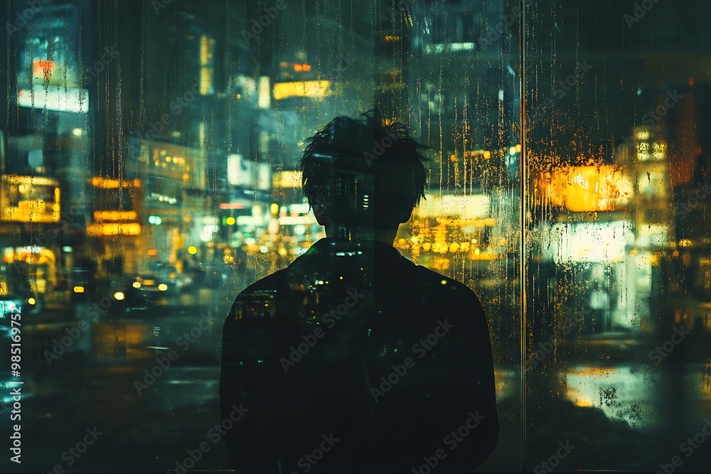 Silhouette of man standing in window watching city lights at night with raindrops on the glass. Silhouette of man standing in window watching city lights at night with raindrops on the glass.