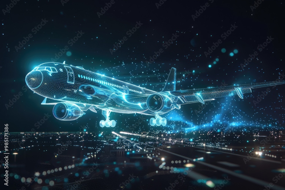 A wireframe hologram of an airplane in the sky, depicted with glowing blue lines and white dots that represent its digital structure.. AI A wireframe hologram of an airplane in the sky, depicted with glowing blue lines and white dots that represent its digital structure.. AI
