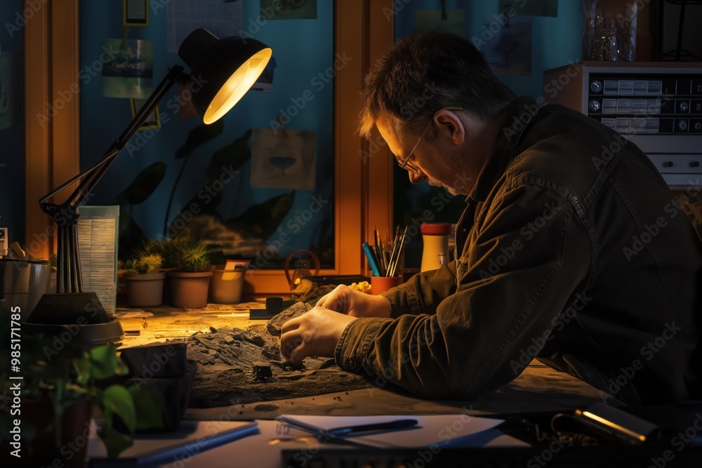 Archeologist studies ancient artifacts, fossils, remains in dimly lit office. Scientist examines, researches, analyzes old, prehistoric, extinct items in evening, night, overtime. Man uses tools,