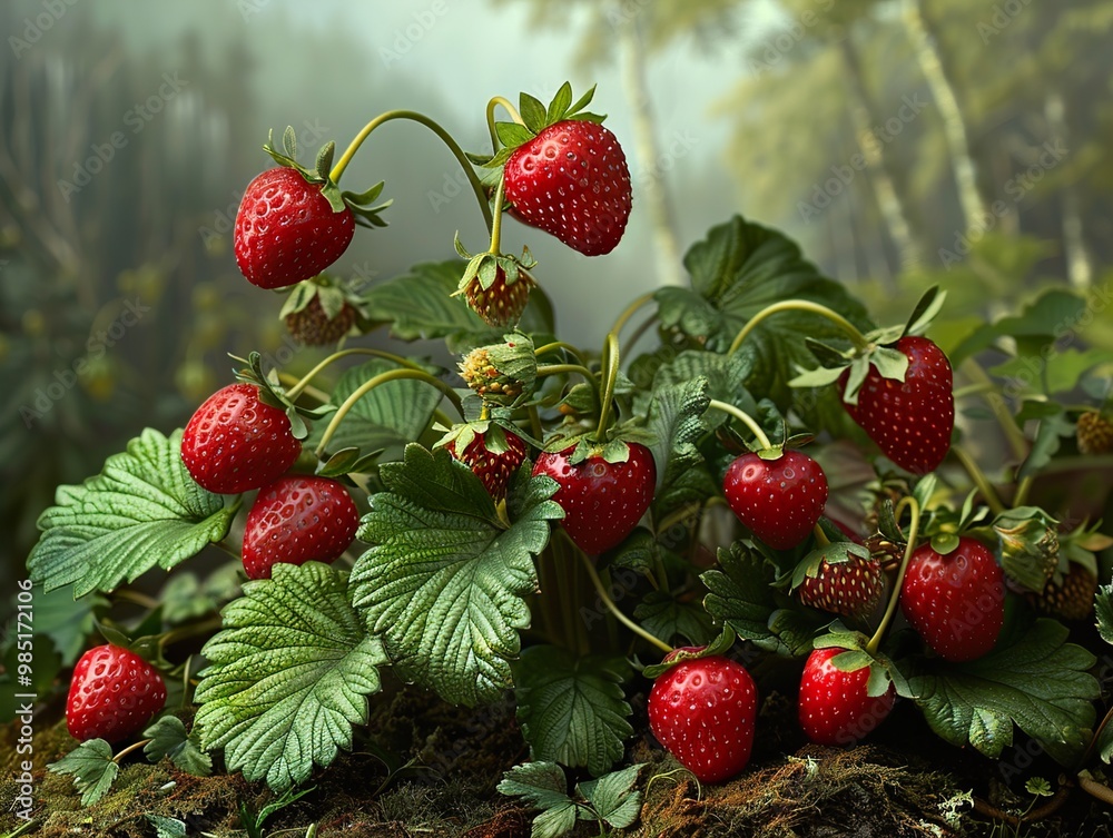 Juicy Red Strawberries on a Lush Green Bush Juicy Red Strawberries on a Lush Green Bush
