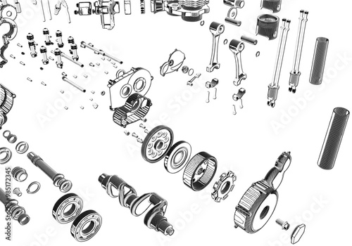 Disassembled engine on white background. Lots of details.