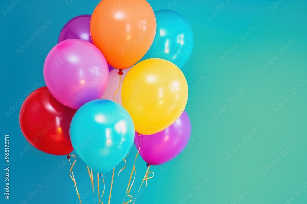 Close-up of bright colorful balloons in bunch. Cheerful, festive, fun, rubber balloons perfect for birthday parties, anniversaries, celebrations. Multiple colors create vibrant, playful atmosphere. Close-up of bright colorful balloons in bunch. Cheerful, festive, fun, rubber balloons perfect for birthday parties, anniversaries, celebrations. Multiple colors create vibrant, playful atmosphere.