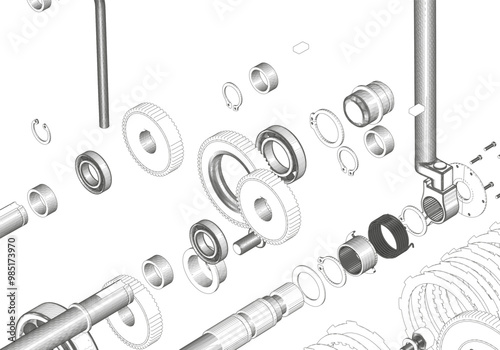 Disassembled engine on white background. Lots of details.