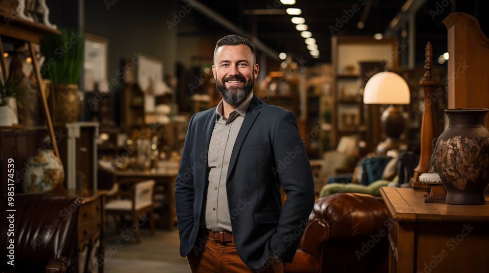portrait of a small business owner of a furniture store with his products in the background portrait of a small business owner of a furniture store with his products in the background