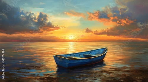 A small blue boat sits still in the ocean, anchored near the shore. The sun is setting, painting the sky with beautiful colors.