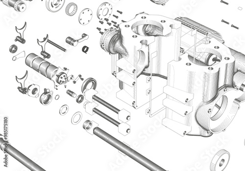 Disassembled engine on white background. Lots of details.