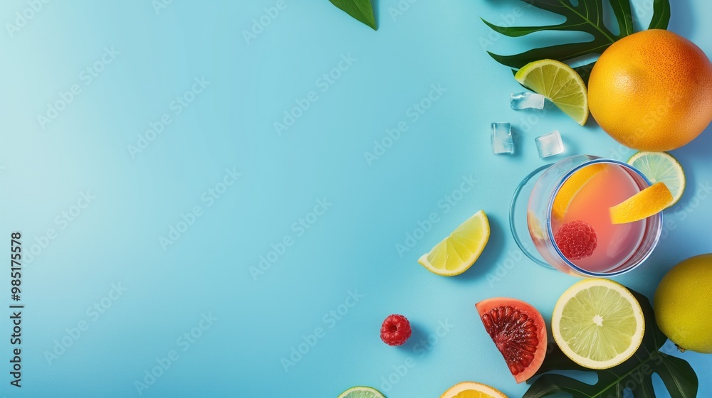 Light blue summer background with a cocktail glass and colorful fruits on the right side. Simple modern banner design for vacation travel recreation advertisements.