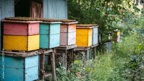 Vibrant summer apiary showcasing colorful beehives in a tranquil farm garden setting