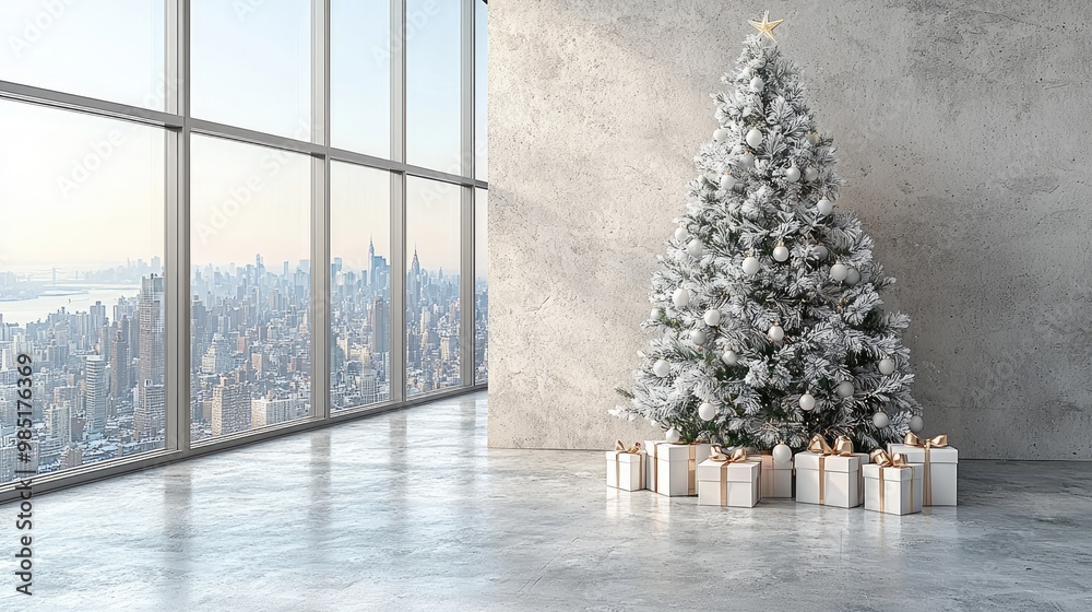 A sleek, minimalist loft apartment with a large floor-to-ceiling window, a modern white Christmas tree with geometric ornaments, presents wrapped in monochromatic paper, and a snowy cityscape outside. A sleek, minimalist loft apartment with a large floor-to-ceiling window, a modern white Christmas tree with geometric ornaments, presents wrapped in monochromatic paper, and a snowy cityscape outside.
