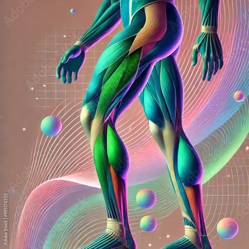 A realistic anatomical focusing on the muscles of the lower limb, including the quadriceps, hamstrings, glutes, and calves