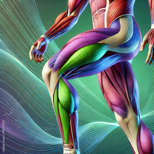: A realistic anatomical focusing on the muscles of the lower limb, including the quadriceps, hamstrings, glutes, and calve
