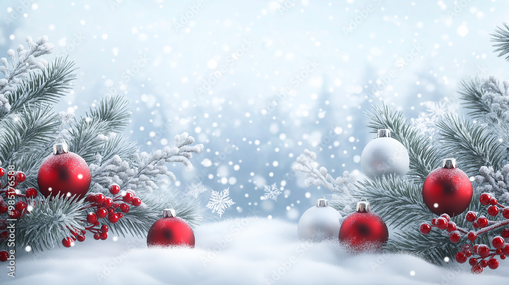 Winter background with snow-covered pine branches, red berries, and ornaments, creating a festive and peaceful holiday scene with a soft snowfall. Winter background with snow-covered pine branches, red berries, and ornaments, creating a festive and peaceful holiday scene with a soft snowfall.