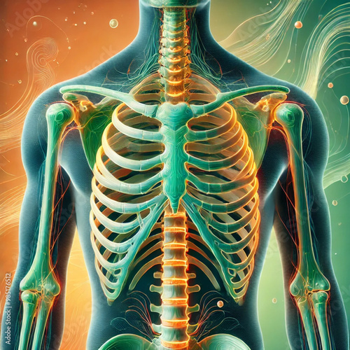  A realistic anatomical of the skeleton of the trunk, including the thoracic spine, ribs, and sternum