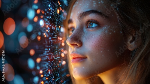 A young woman gazes thoughtfully at a digital display filled with glowing data in a futuristic setting during the evening