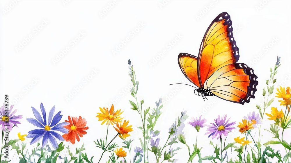 Cheerful butterfly, fluttering above a flower field, soft breeze, watercolor style