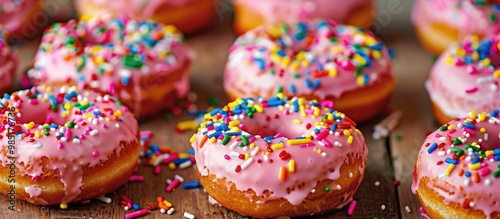 Pink Iced Donuts With Rainbow Sprinkles photo