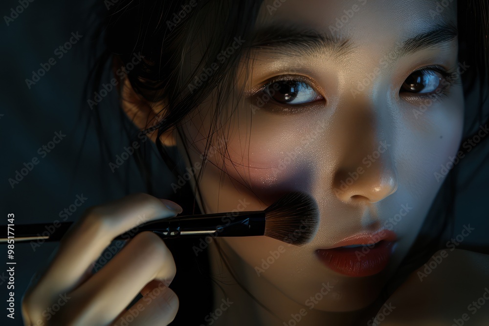 Obraz premium Asian model woman applies red lipstick with black makeup brush on dark blue background, highlighting her facial features. The image showcases her beauty and grooming skills.