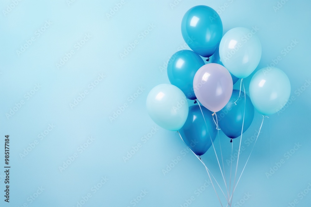 Bunch of colorful balloons on blue background, space for text. Greeting card design concept for celebration, party, event. Balloons in different shapes, sizes, colors, floating in air. Perfect for Bunch of colorful balloons on blue background, space for text. Greeting card design concept for celebration, party, event. Balloons in different shapes, sizes, colors, floating in air. Perfect for