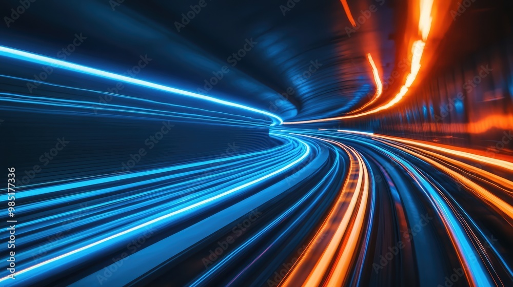 Abstract motion blur of blue and orange lights in a tunnel. Abstract motion blur of blue and orange lights in a tunnel.