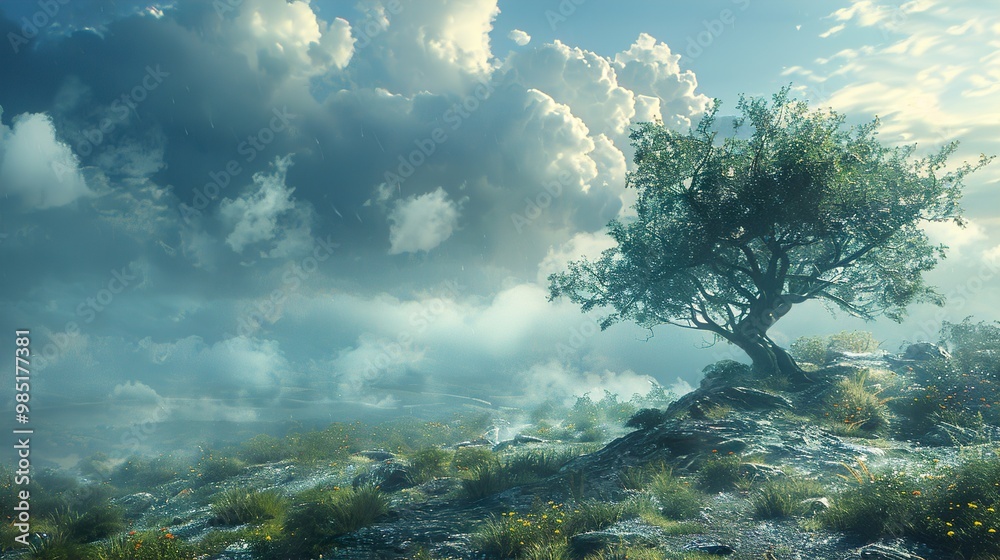 Fototapeta premium Tranquil Landscape with a Single Tree and Dramatic Clouds
