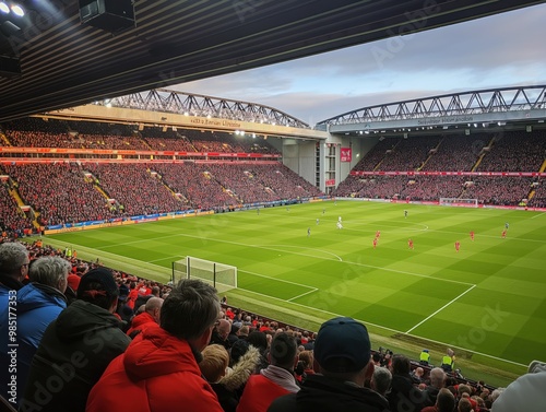 Crowd of people gathered at Anfield Stadium watching a football game. Green grass and grandstands fill the frame. Excited fans cheering and waving their arms in the stands. Sports event atmosphere. photo