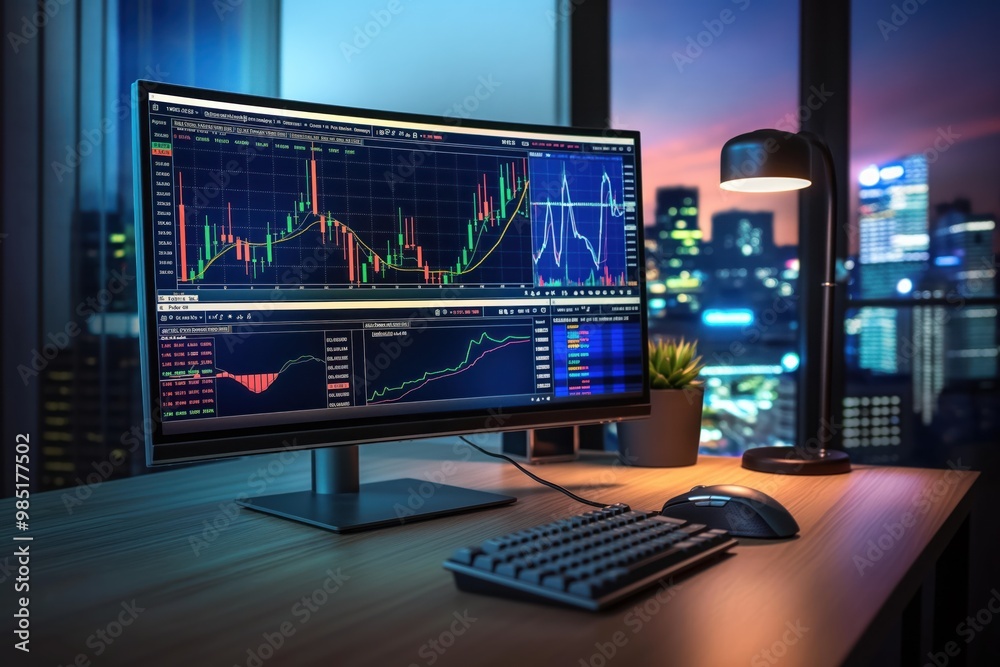 Computer monitor displays financial graph of market. generated illustration shows currency exchange rate, business chart, investment trend, statistic, banking forecast. Digital art represents Computer monitor displays financial graph of market. generated illustration shows currency exchange rate, business chart, investment trend, statistic, banking forecast. Digital art represents
