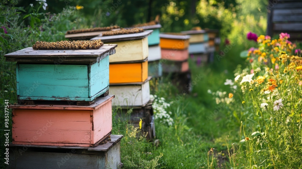 Vibrant summer apiary featuring colorful beehives in a serene farm garden setting