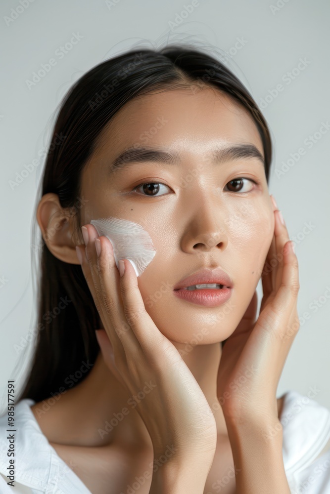 Middle Asian model woman applies cream on face in beauty studio promo. Close-up shot of hand gently holding small amount of cream. White background provides neutral backdrop for focus on subject. Middle Asian model woman applies cream on face in beauty studio promo. Close-up shot of hand gently holding small amount of cream. White background provides neutral backdrop for focus on subject.