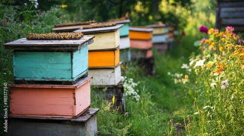 Vibrant summer apiary featuring colorful beehives in a serene farm garden setting