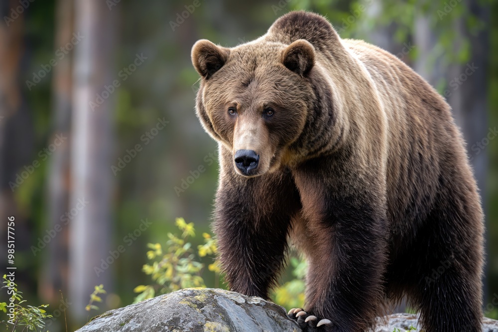 Fototapeta premium Grizzly bear in Finnish forest on rocky outcrop. Furry mammal in wilderness habitat. Green forest foliage background blurred, focus on bear. Wild animal in natural environment.