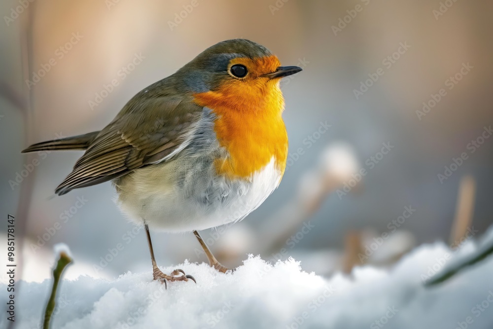 Robin bird in natural habitat with shallow depth field. Bird sits on twig, surrounded by green leaves, colourful flowers, and sunlit branch. Bright sky and clear environment. Robin bird in natural habitat with shallow depth field. Bird sits on twig, surrounded by green leaves, colourful flowers, and sunlit branch. Bright sky and clear environment.