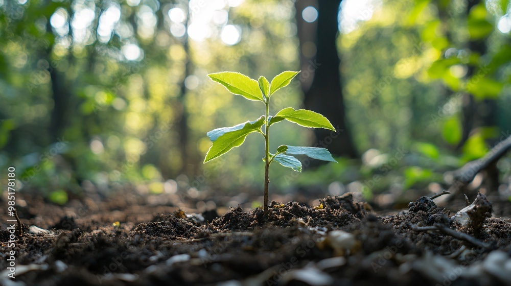 A Single Sapling Emerging from Forest Soil A Single Sapling Emerging from Forest Soil