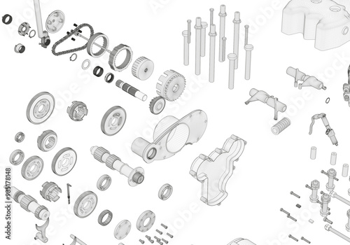 Disassembled engine on white background. Lots of details.