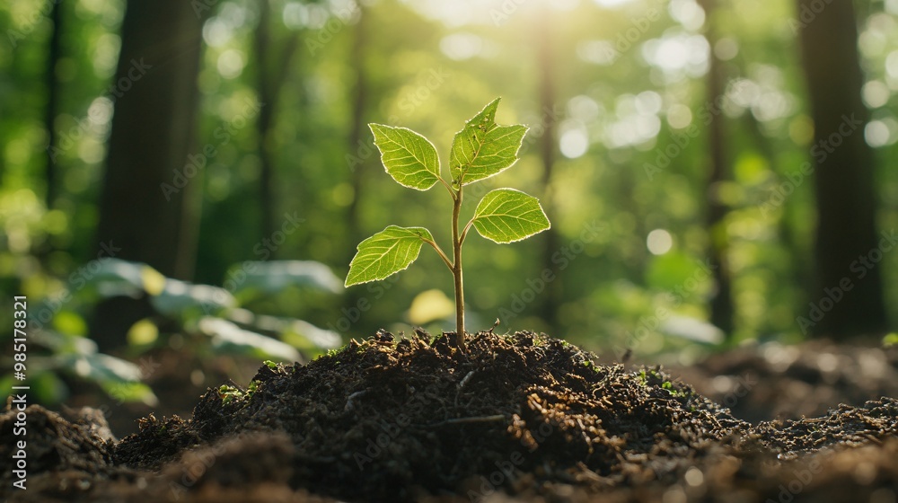 A Single Green Sapling Growing in the Forest A Single Green Sapling Growing in the Forest