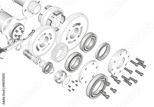 Disassembled engine on white background. Lots of details.