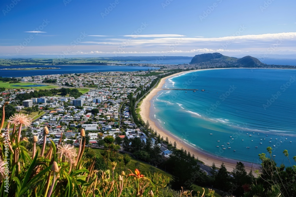 Fototapeta premium Panoramic view of city coastline from Mount Maunganui in New Zealand. Ocean meets sea with beautiful scenery. Mountains meet sky with stunning natural landscape.