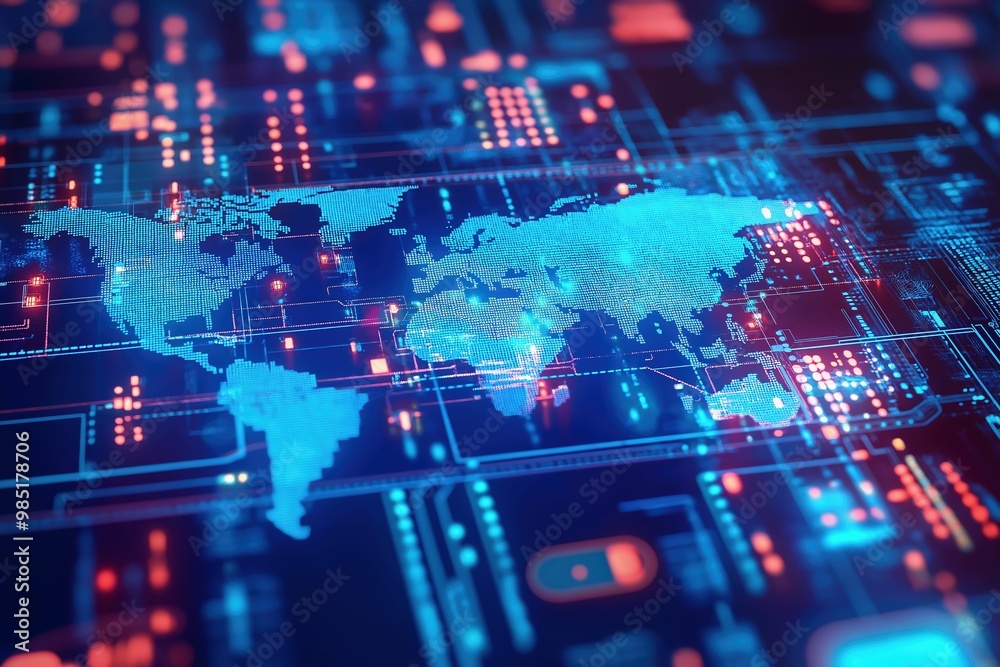 Digital World Map with Futuristic Data Visualization