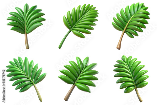 Fototapeta Naklejka Na Ścianę i Meble -  PNG palm leaf 3d collection, in cartoon style minimal on transparent, white background, isolate
