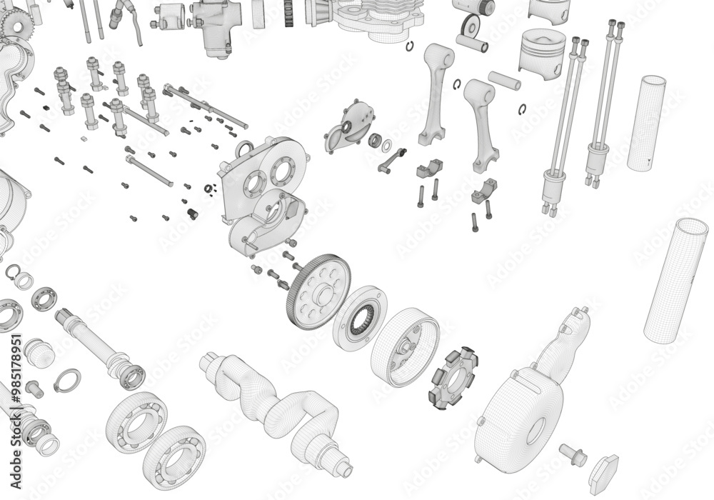 Disassembled engine on white background. Lots of details. Disassembled engine on white background. Lots of details.