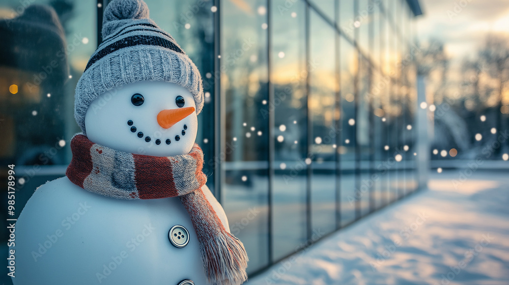 Cheerful snowman wearing a cozy hat and scarf standing in front of a ...