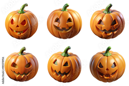 PNG spooky jack-o'-lantern 3d collection, in cartoon style minimal on transparent, white background, isolate 