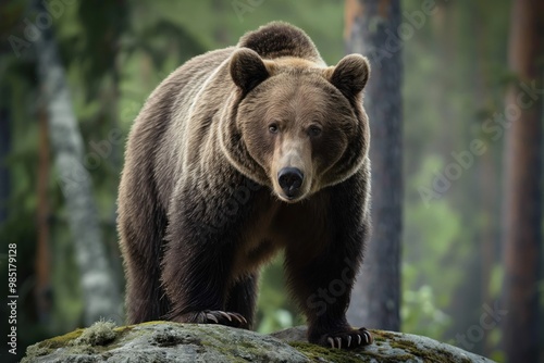 Close-up of grizzly bear on rocky outcrop in Finnish forest. Furry brown mammal, wild animal, natural inhabitant. Forest plants, trees, foliage in blurred background. Wild nature, wilderness,